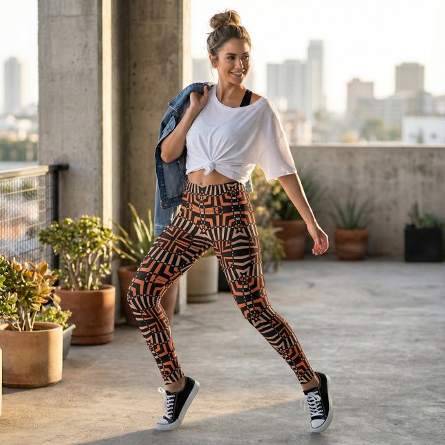 Trendy Orange & Black Op Art Geometric Pattern Leggings (Creator Uploaded)
