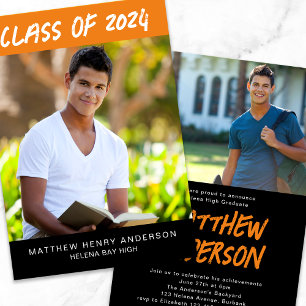 Trendy Orange Black Photos Graduation Invitation