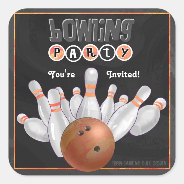 Trendy Orange Bowling Party Invite Sticker (Front)
