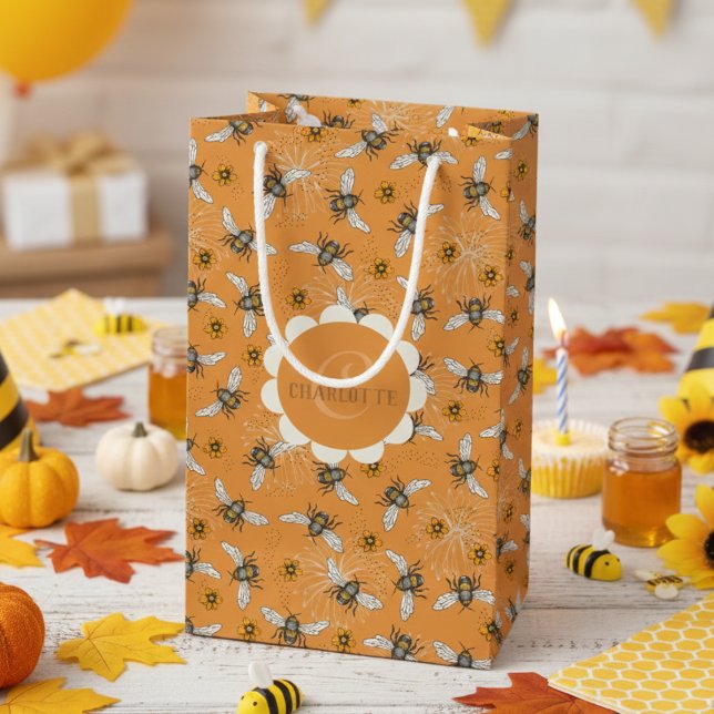 Trendy Orange Buzzing Honeybee for Spring & Summer Small Gift Bag (Autumn Floral Bee Gift Bags. Botanical Green Honeybees, Flowers Pattern, Monogram in  Orange for Her)