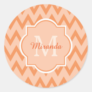 Trendy Orange Chevron Zigzag Name and Monogram Classic Round Sticker