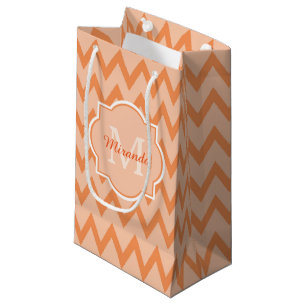 Trendy Orange Chevron Zigzag Name and Monogram Small Gift Bag