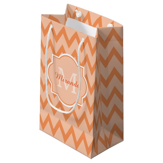 Trendy Orange Chevron Zigzag Name and Monogram Small Gift Bag (Front Angled)
