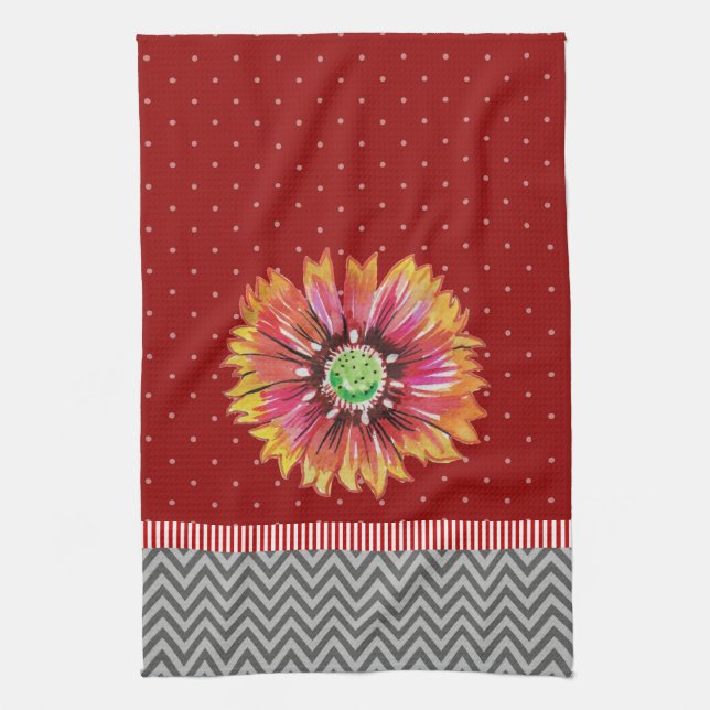 Trendy Orange Flower Dark Red Grey Kitchen Towel (Vertical)
