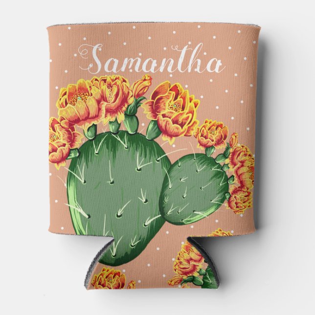 Trendy Orange Flower Prickly Pear Cactus Can Coole Can Cooler (Front)