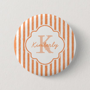 Trendy Orange Painted Stripes Monogram and Name 2 Inch Round Button