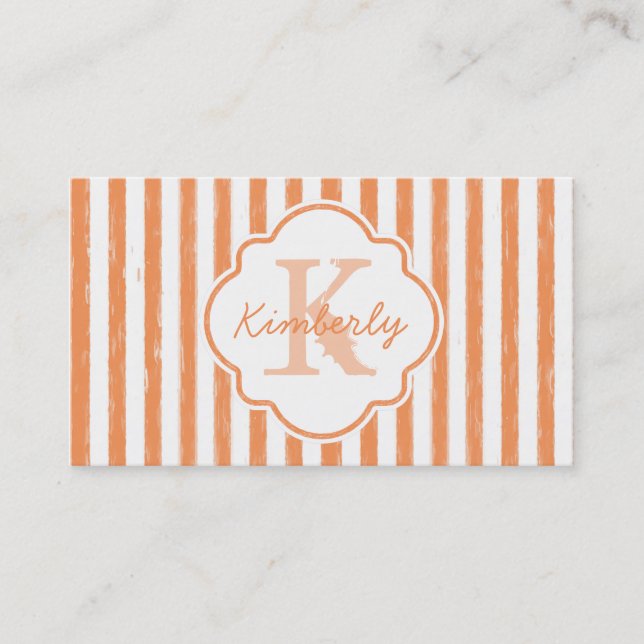 Trendy Orange Painted Stripes Monogram and Name Business Card (Front)