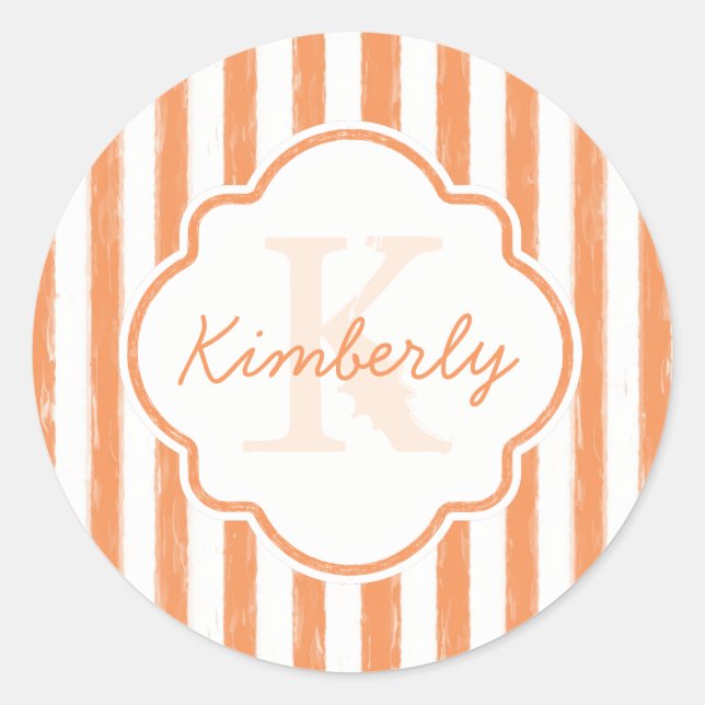 Trendy Orange Painted Stripes Monogram and Name Classic Round Sticker (Front)