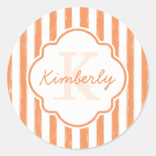 Trendy Orange Painted Stripes Monogram and Name Classic Round Sticker