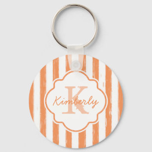 Trendy Orange Painted Stripes Monogram and Name Keychain