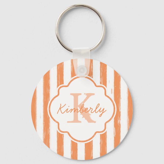Trendy Orange Painted Stripes Monogram and Name Keychain (Front)