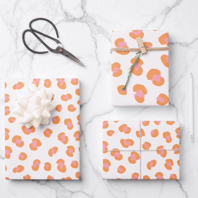 Trendy Orange Pink Leopard Print Gift Wrapping Paper Sheet (Front)
