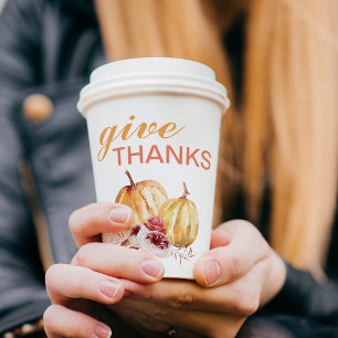 Trendy Orange & Red Give Thanks & Pumpkin Paper Cups
