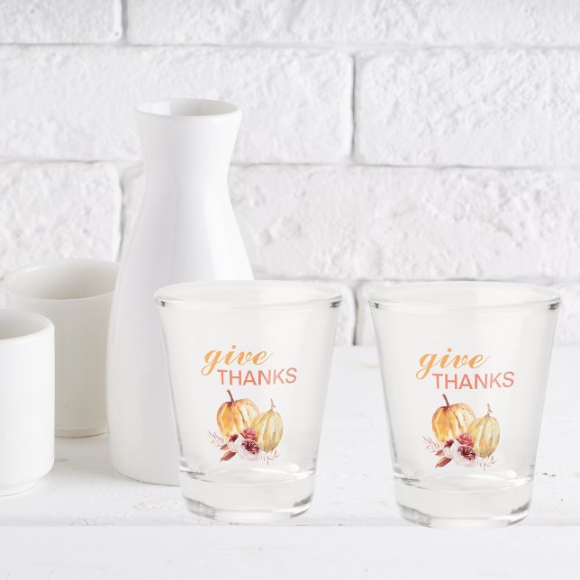 Trendy Orange & Red Give Thanks & Pumpkin Shot Glass (Creator Uploaded)