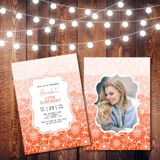Trendy Orange Stripes Floral Photo Birthday Invitation (Creator Uploaded)