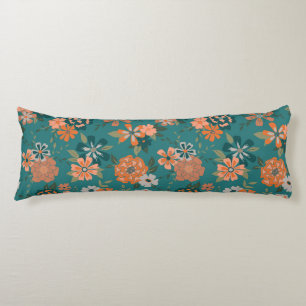 Trendy Orange Teal Pattern Flowers Vines Body Pillow