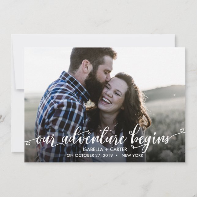 TRENDY OUR ADVENTURE BEGINS PHOTO SAVE THE DATE (Front)