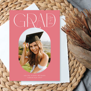 Trendy Oval One Photo Pink Graduation Announcement