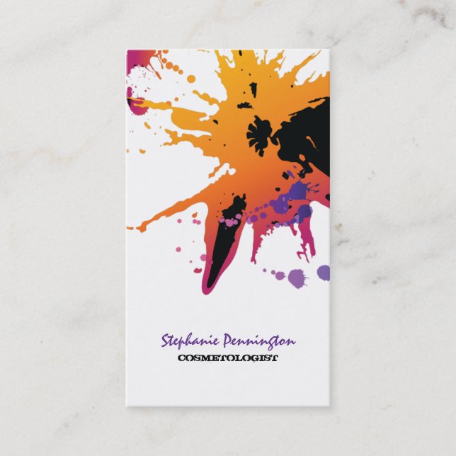 Trendy paint splatter cosmetolgist business card (Front)