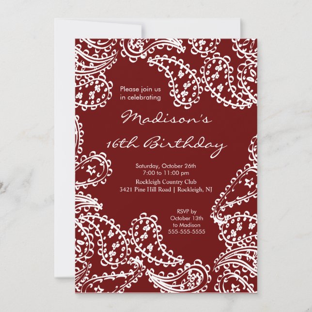 Trendy Paisley Sweet Sixteen Birthday Invitation (Front)