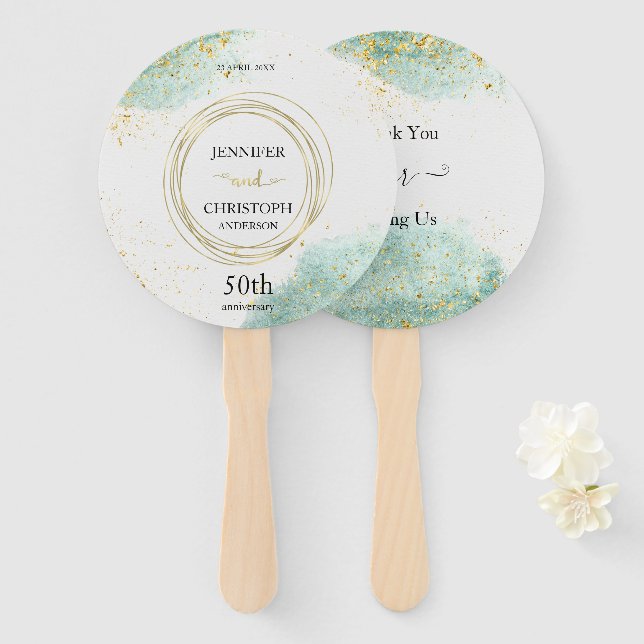 Trendy Pale Green with Golden Details Hand Fan (Front and Back)