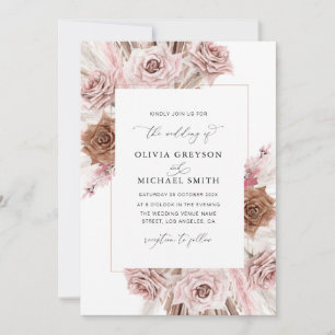 trendy pampas dusty pink wedding invitation