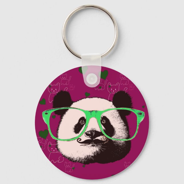 Trendy Panda Bear Faces Glasses Moustache Add Name Keychain (Front)