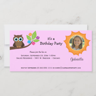 Trendy Party Owl Photo Invite Pink Background