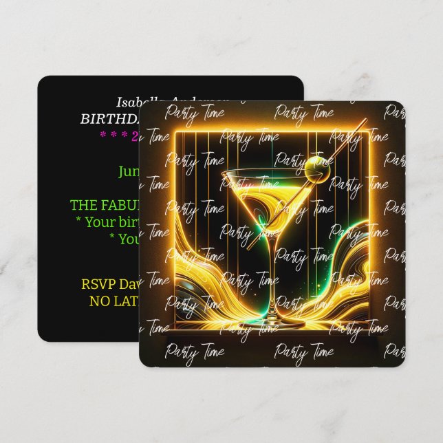 Trendy Party Time Neon Personalized Invitation (Front/Back)