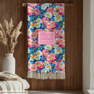 Trendy pastel blue and pink preppy monogram fleece blanket