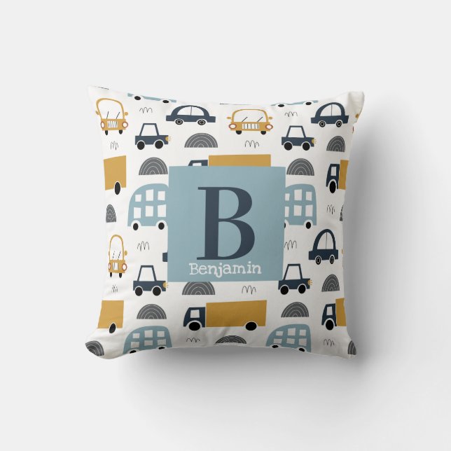 Trendy pastel blue Baby Monogram Car Pattern Throw Pillow (Front)
