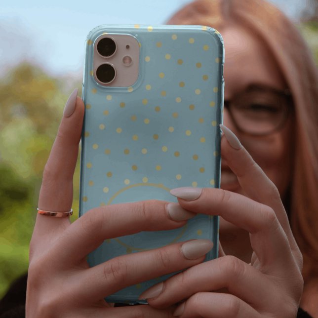 Trendy Pastel Blue Gold Confetti Dots Personalized iPhone Case (Creator Uploaded)