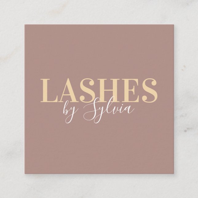 Trendy pastel brown gold lashes chic script font square business card (Front)
