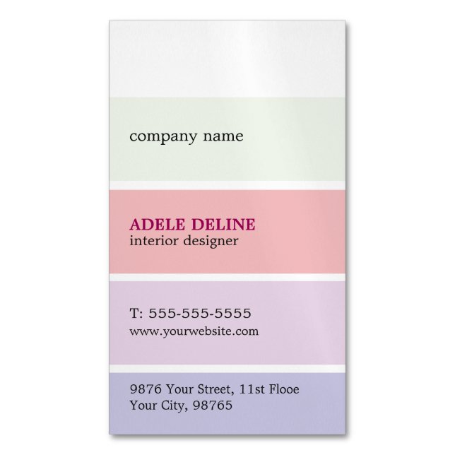 Trendy Pastel Colours Stripes Interior Designer Magnetic Business Card (Front Vertical)