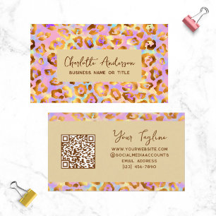 Trendy Pastel Modern Gold Leopard Print QR Code Business Card