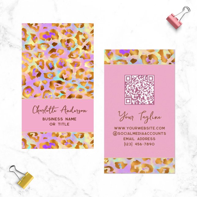 Trendy Pastel Modern Gold Leopard Print QR Code Business Card (Creator Uploaded)
