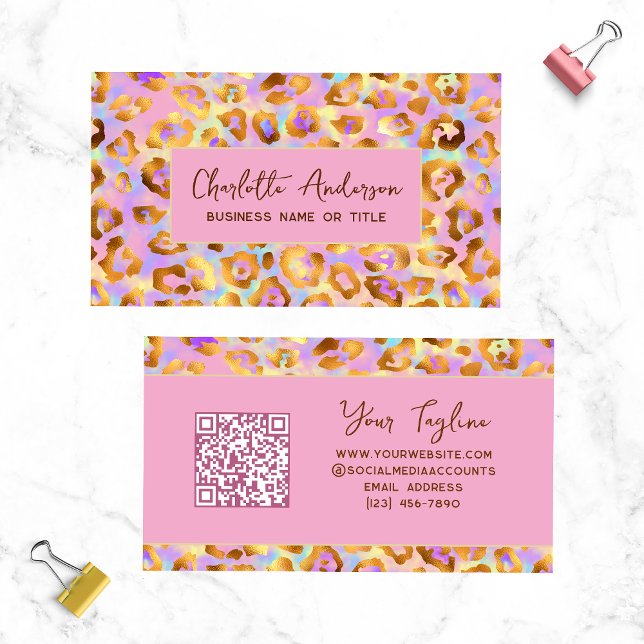 Trendy Pastel Modern Gold Leopard Print QR Code Business Card (Creator Uploaded)