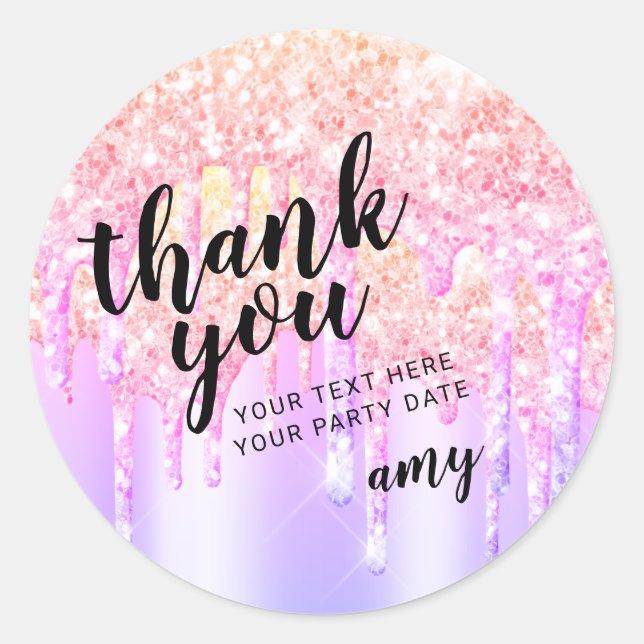 Trendy Pastel Rainbow Glitter Drips Thank You Classic Round Sticker (Front)
