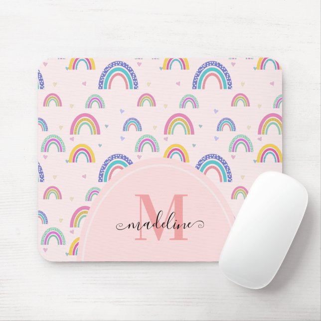 Trendy Pastel Rainbow Heart Elegant Monogram Mouse Pad (With Mouse)