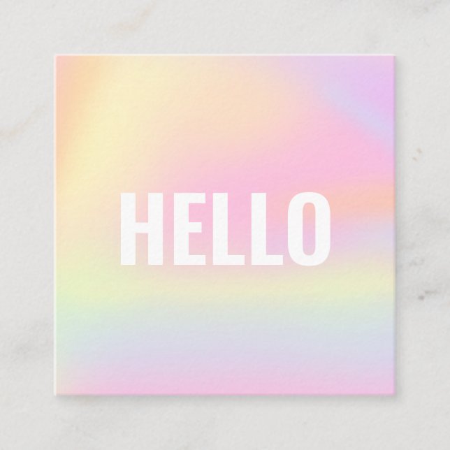 Trendy Pastel Rainbow Unicorn Gradient Hello Squar Square Business Card (Front)