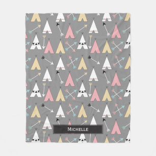 Trendy Pastel Teepees and Arrows Personalized Name Fleece Blanket