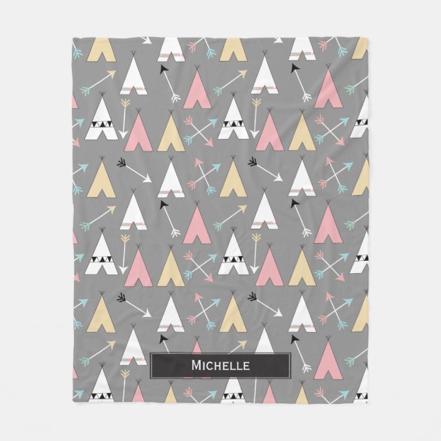 Trendy Pastel Teepees and Arrows Personalized Name Fleece Blanket (Front)
