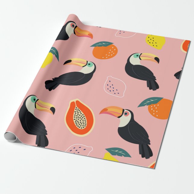Trendy pattern with toucan and abstract tropical f wrapping paper (Unrolled)