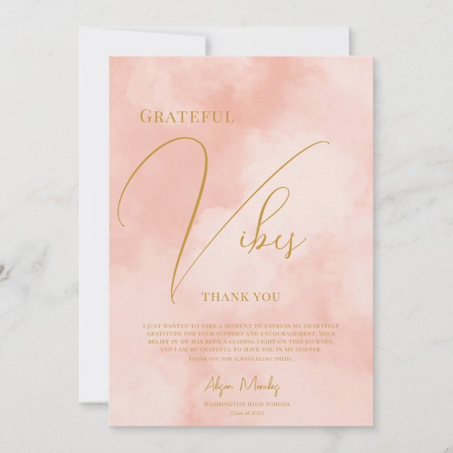 Trendy Peach Fuzz Grateful Vibes Graduation Thank You Card (Front)