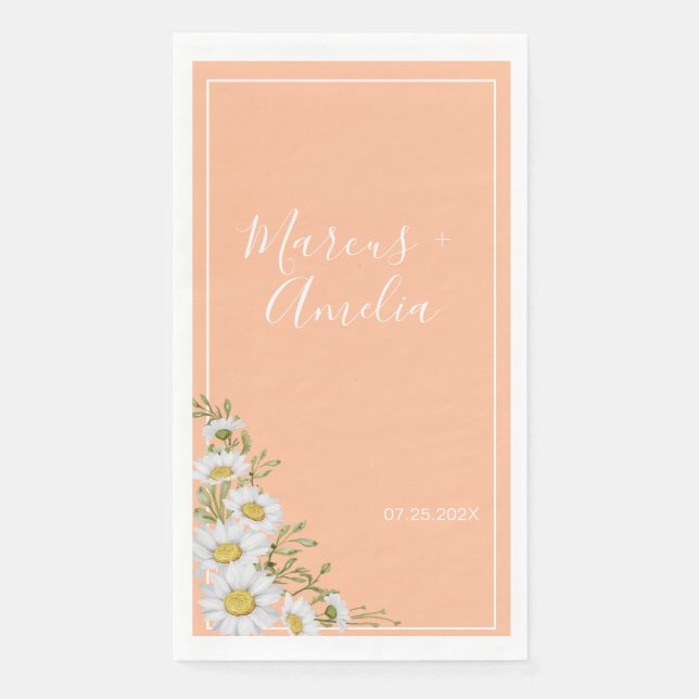 Trendy Peach & White Daisies Wedding  Napkin (Front)
