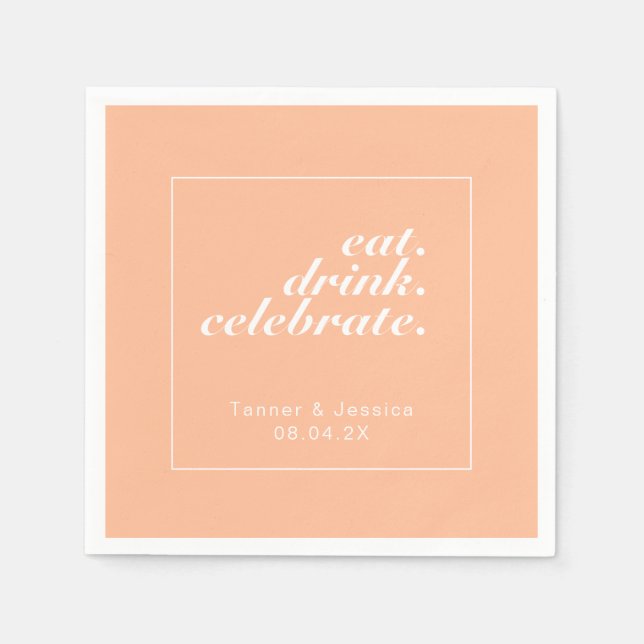 Trendy Peach & White Modern Minimalist Wedding Napkin (Front)