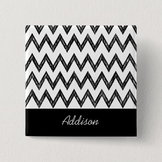 Trendy Pencil Black and White Chevron With Name 2 Inch Square Button (Front)