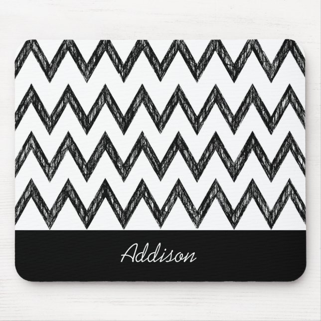 Trendy Pencil Black and White Chevron With Name Mouse Pad (Front)