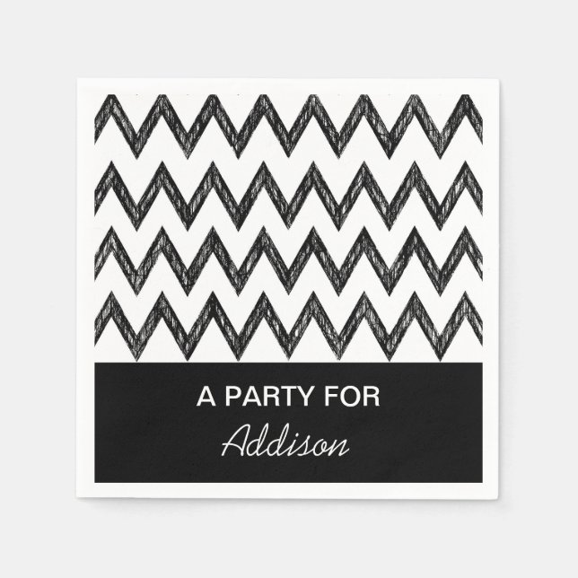 Trendy Pencil Black and White Chevron With Name Napkin (Front)