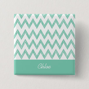 Trendy Pencil Mint Green Chevron Zigzags With Name 2 Inch Square Button